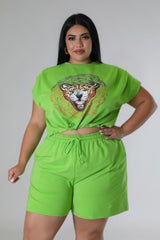 Plus Rhinestone Graphic Top & Stretch Short Set