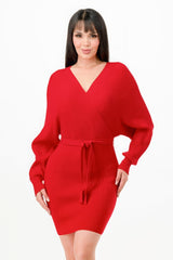 Off Shoulder Wrap Belted Ribbed Sweater Dress