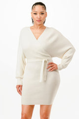 Off Shoulder Wrap Belted Ribbed Sweater Dress