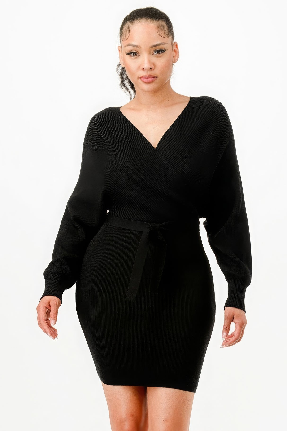 Off Shoulder Wrap Belted Ribbed Sweater Dress