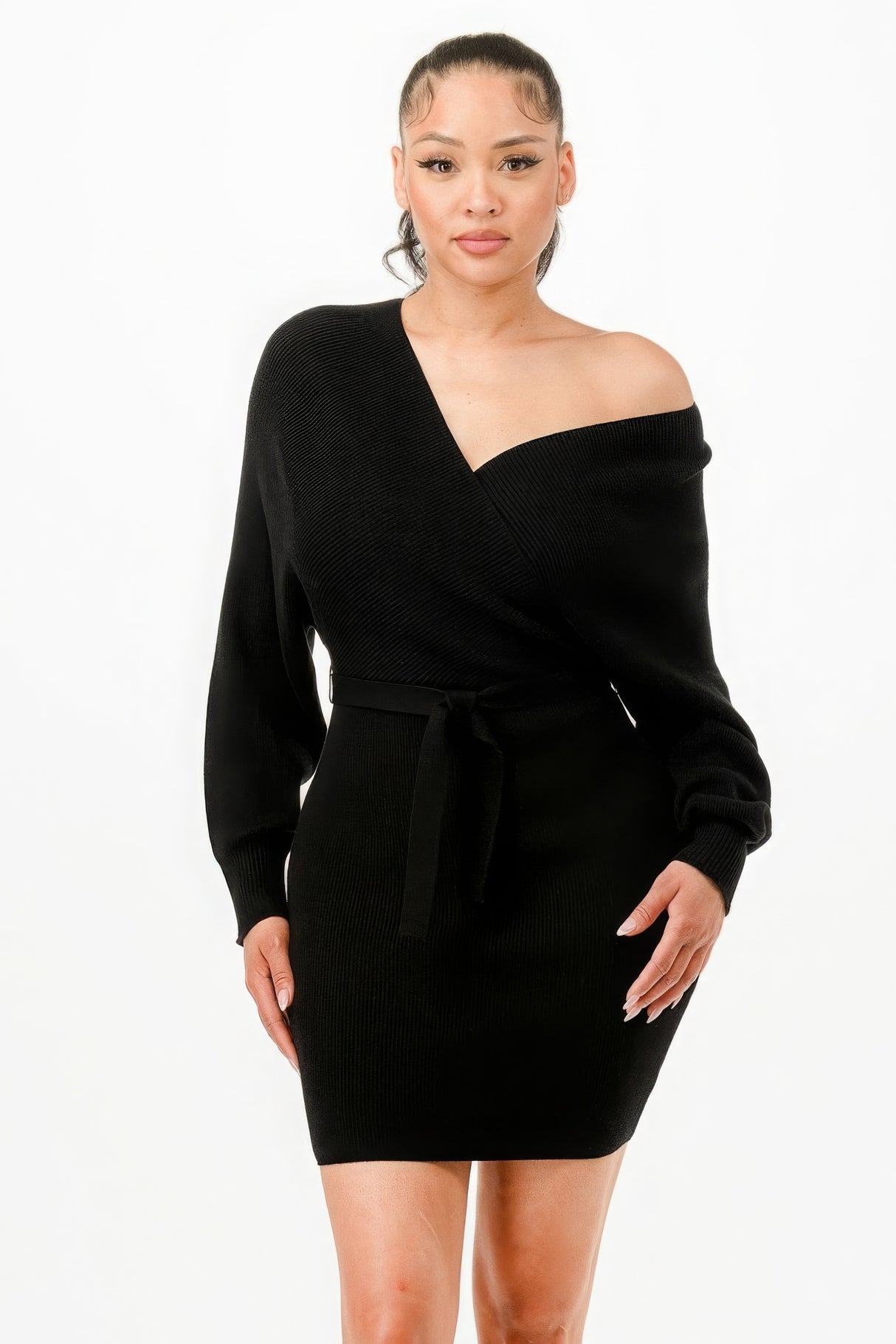 Off Shoulder Wrap Belted Ribbed Sweater Dress