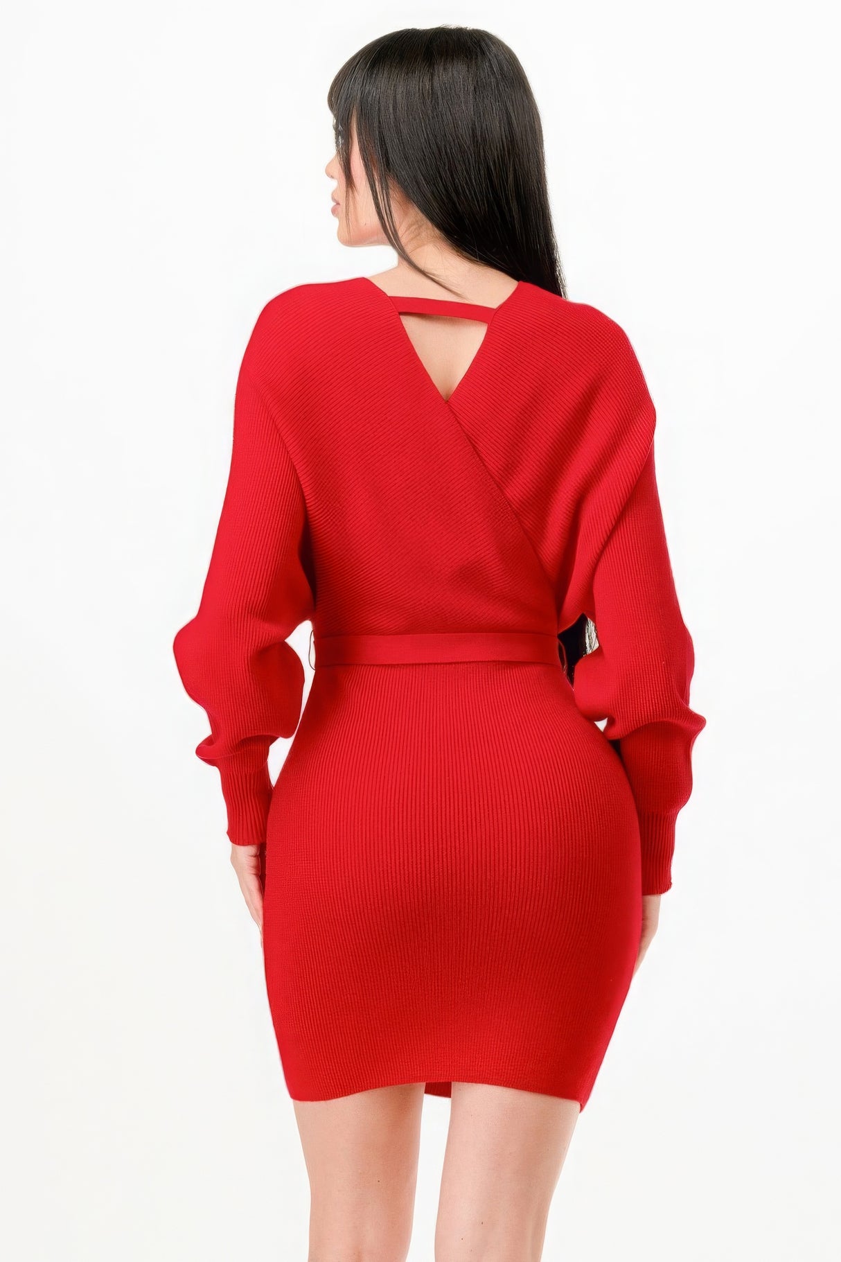 Off Shoulder Wrap Belted Ribbed Sweater Dress