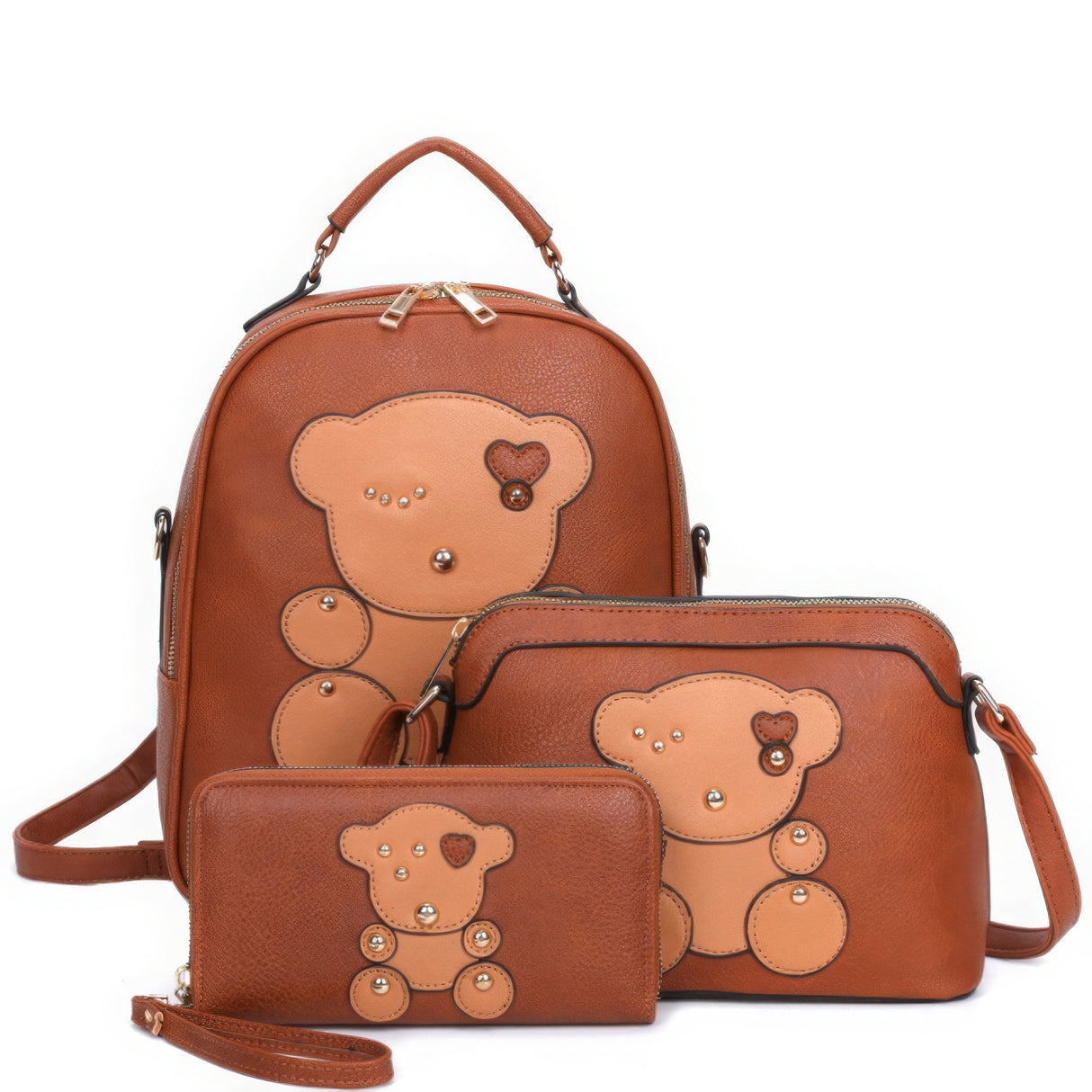 Cute Bear Design Handle Backpack with Crossbody Bag & Wallet Set