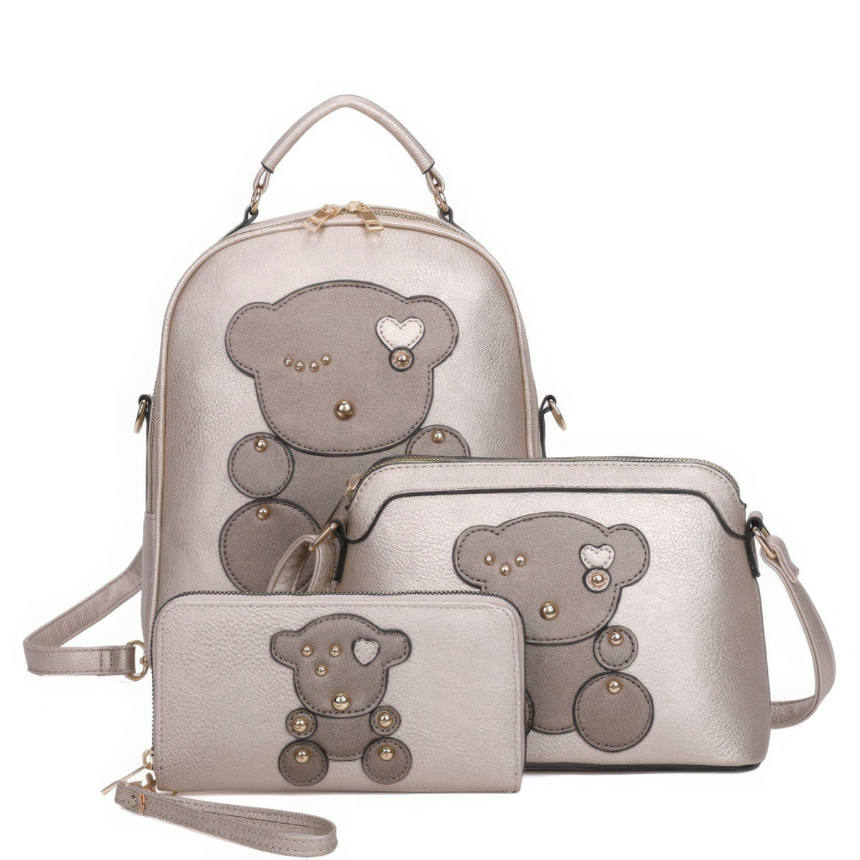 Cute Bear Design Handle Backpack with Crossbody Bag & Wallet Set