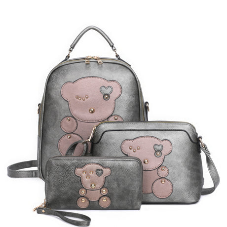 Cute Bear Design Handle Backpack with Crossbody Bag & Wallet Set