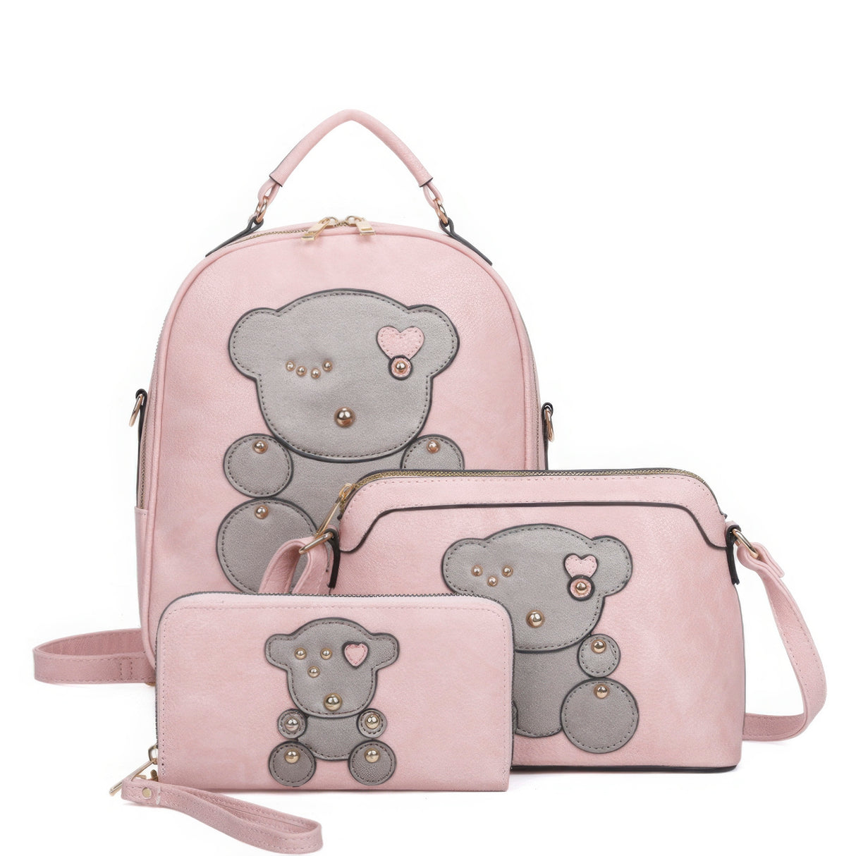 Cute Bear Design Handle Backpack with Crossbody Bag & Wallet Set