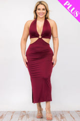 Plus Size Cut-out Halter Neck Double Back Tie Split Thigh Midi Dress