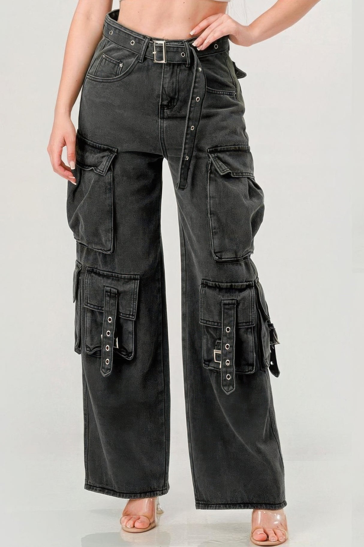 Belted Denim Cargo Jeans