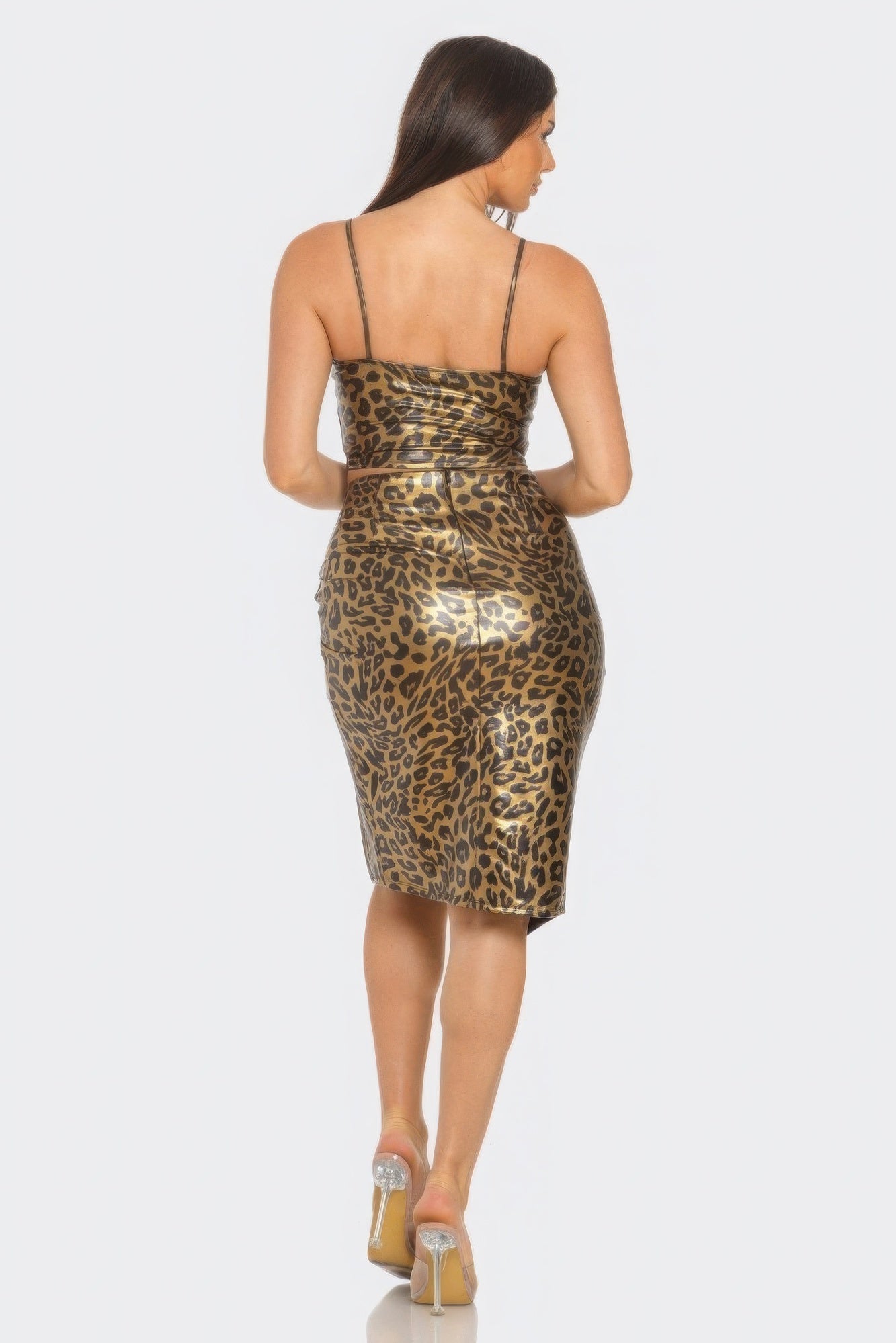 Brown Pu Cheetah Print Top & Front Wrap Slit Skirt Set