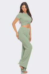 Front Twist Detail Top And Flare Pants Set