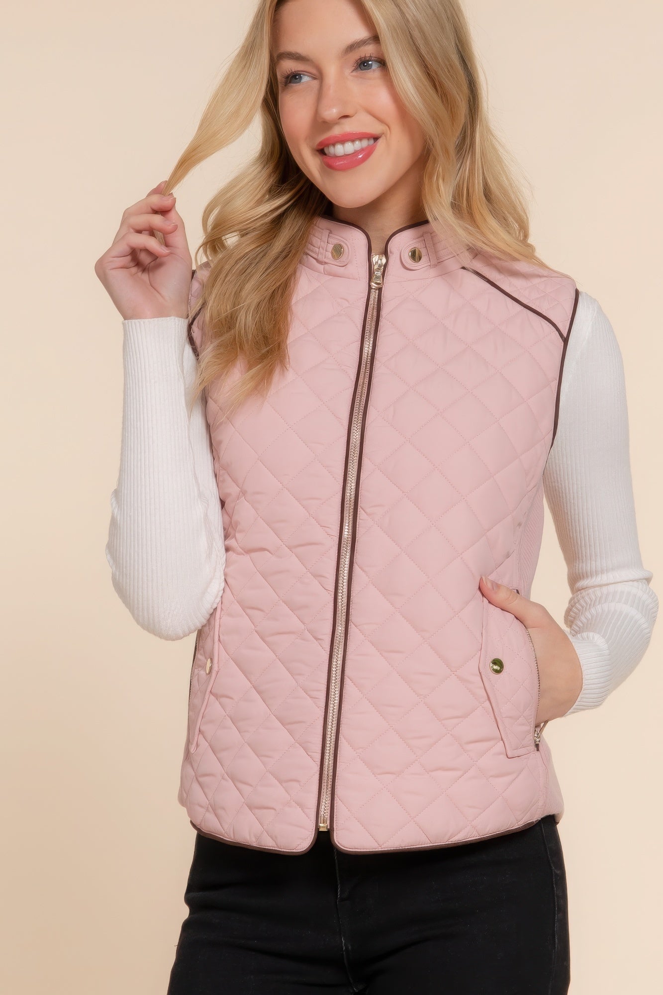 Beige Pink Suede Piping Quilted Padding Vest