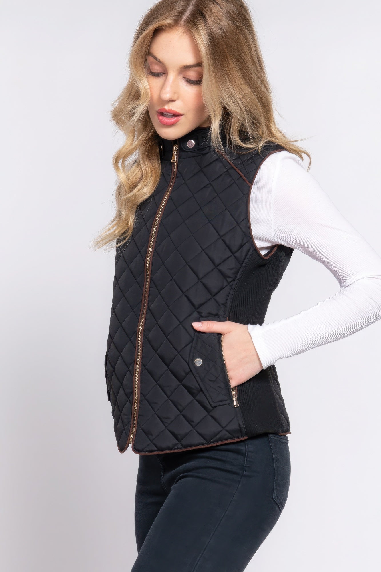 Black Suede Piping Quilted Padding Vest