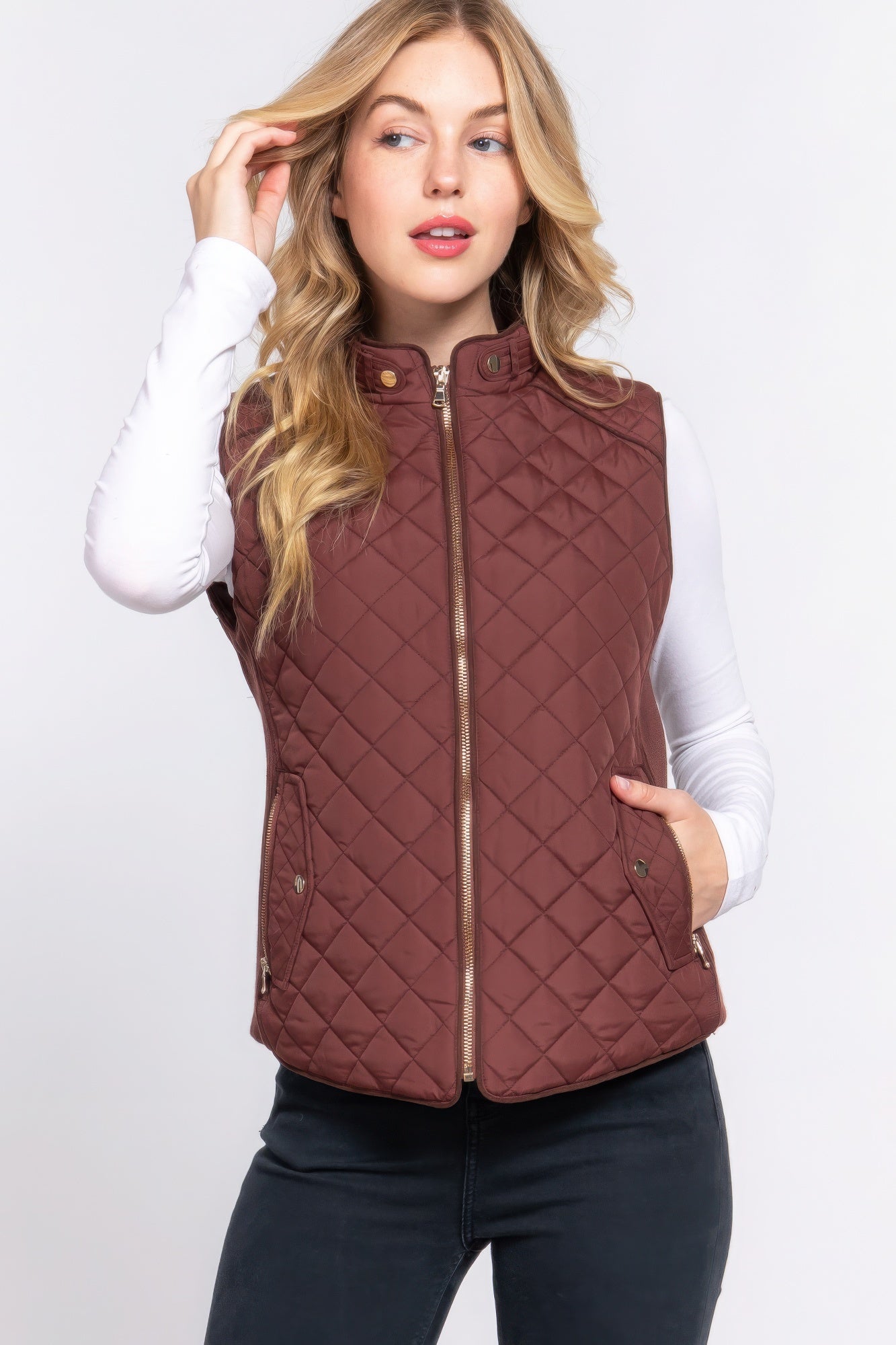 Brown Suede Piping Quilted Padding Vest