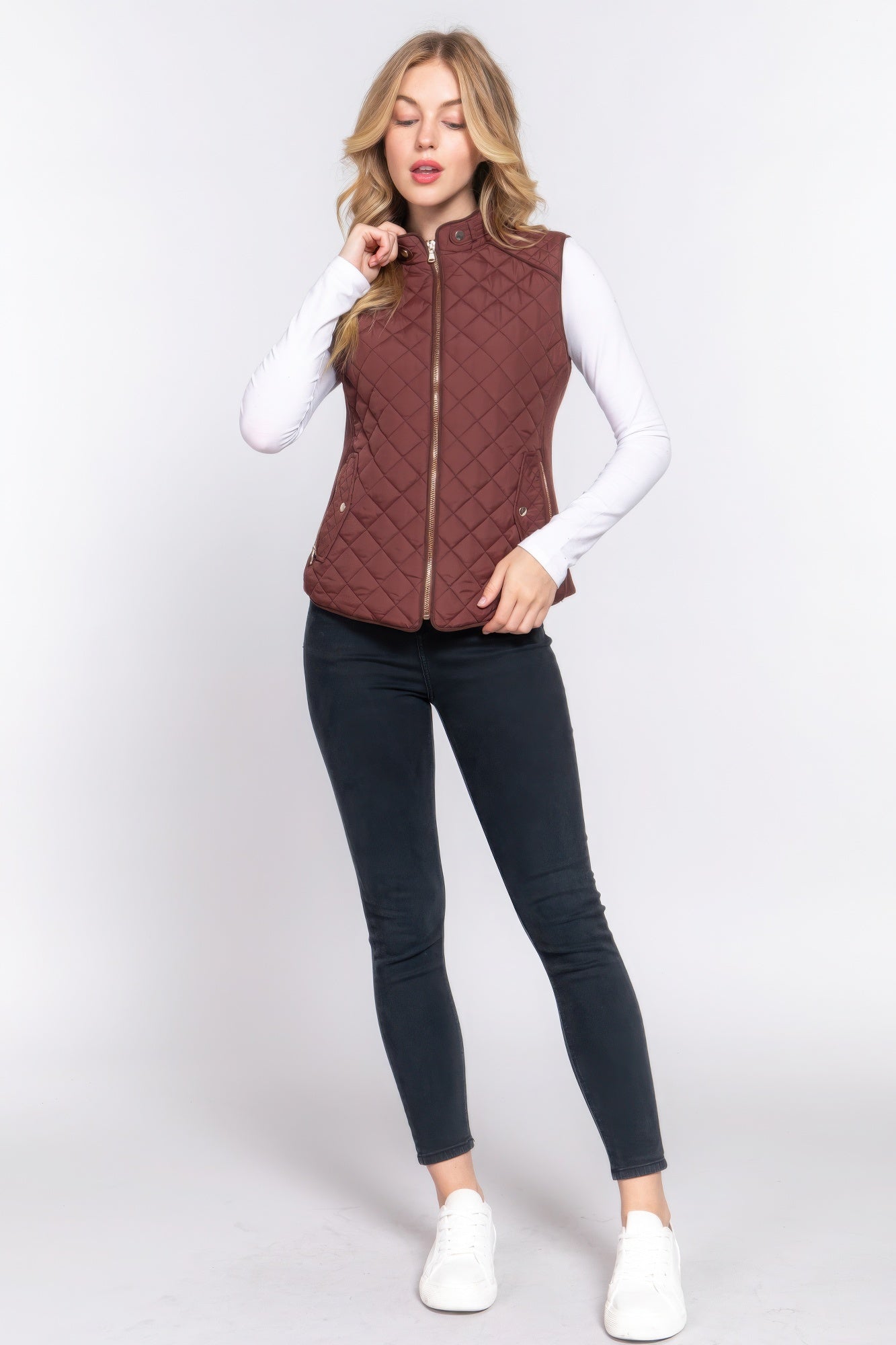 Brown Suede Piping Quilted Padding Vest