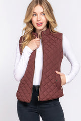 Brown Suede Piping Quilted Padding Vest