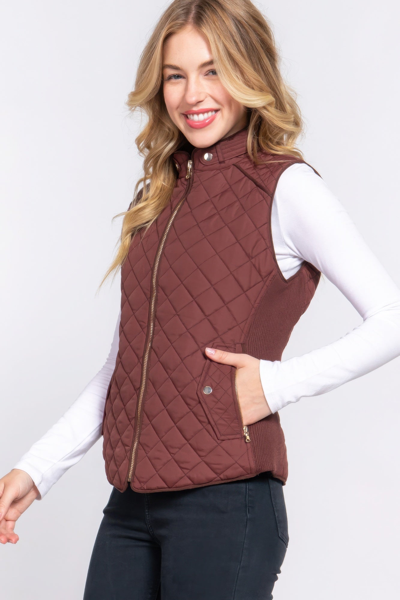 Brown Suede Piping Quilted Padding Vest