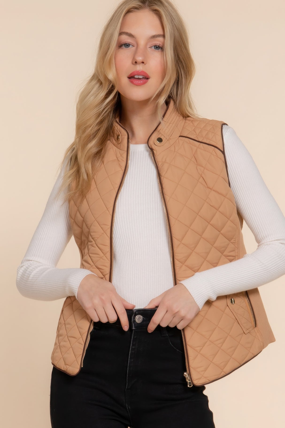 Caramel Suede Piping Quilted Padding Vest