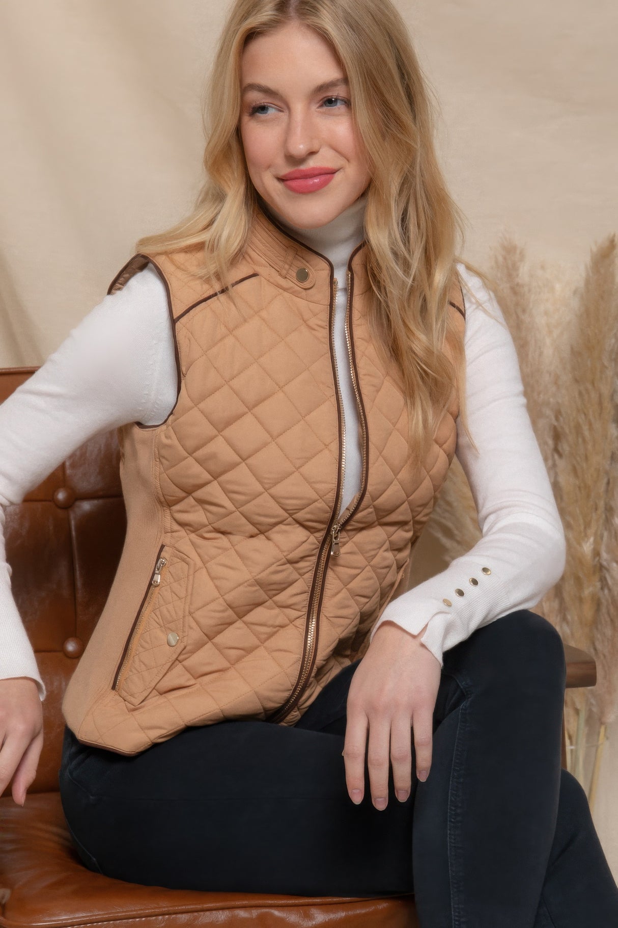 Caramel Suede Piping Quilted Padding Vest