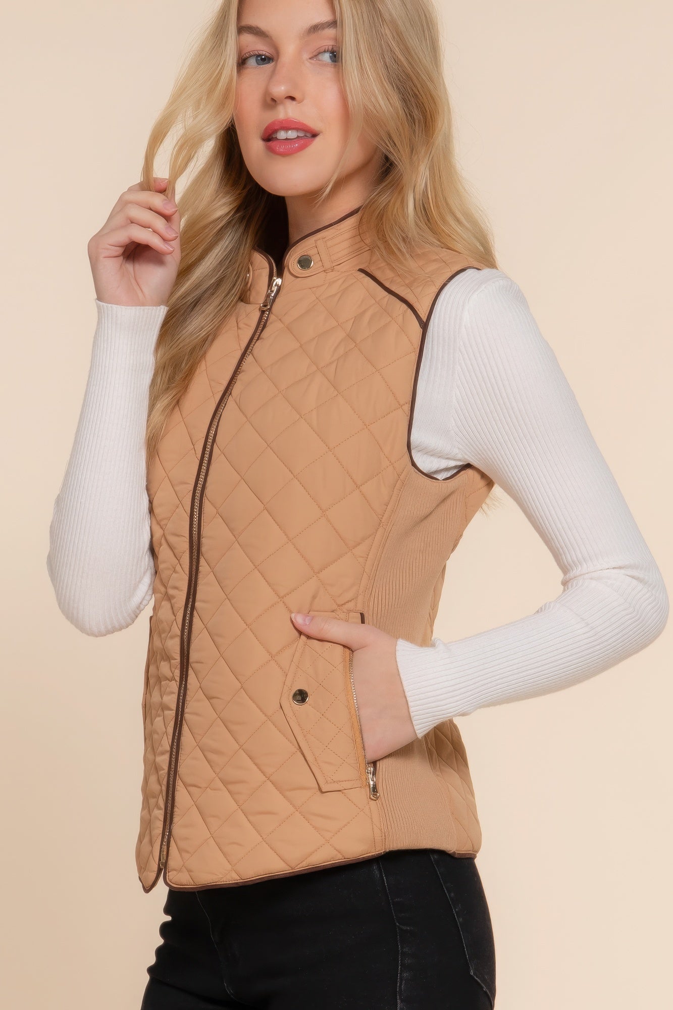 Caramel Suede Piping Quilted Padding Vest