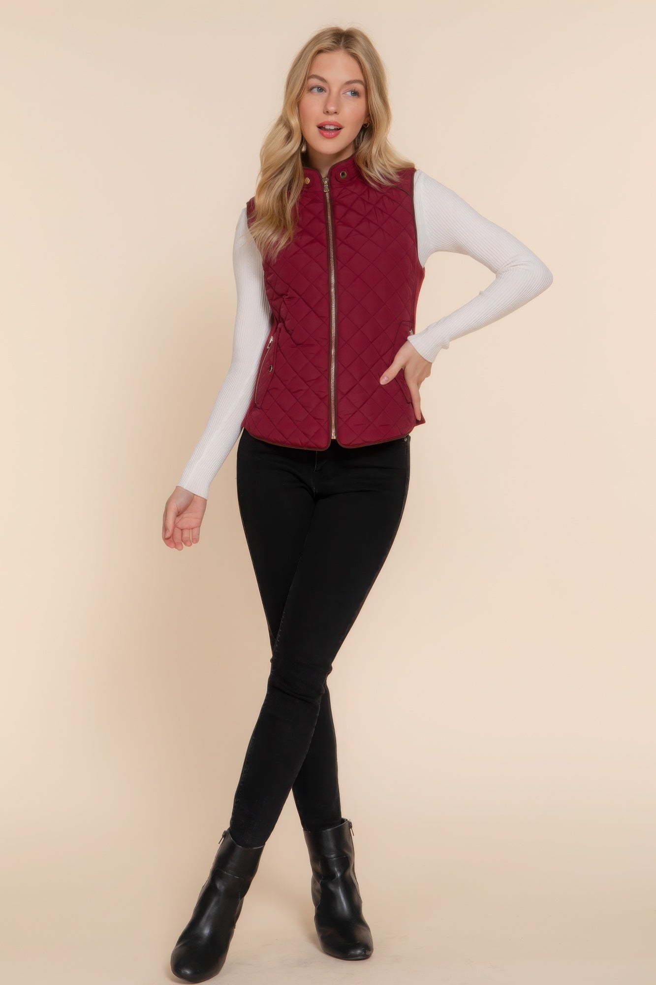 Burgundy Suede Piping Quilted Padding Vest