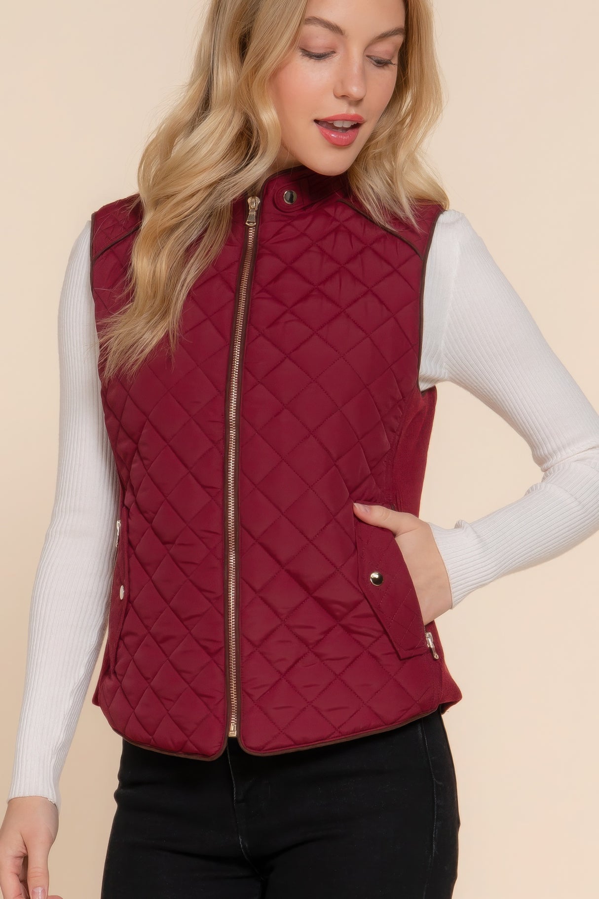 Burgundy Suede Piping Quilted Padding Vest