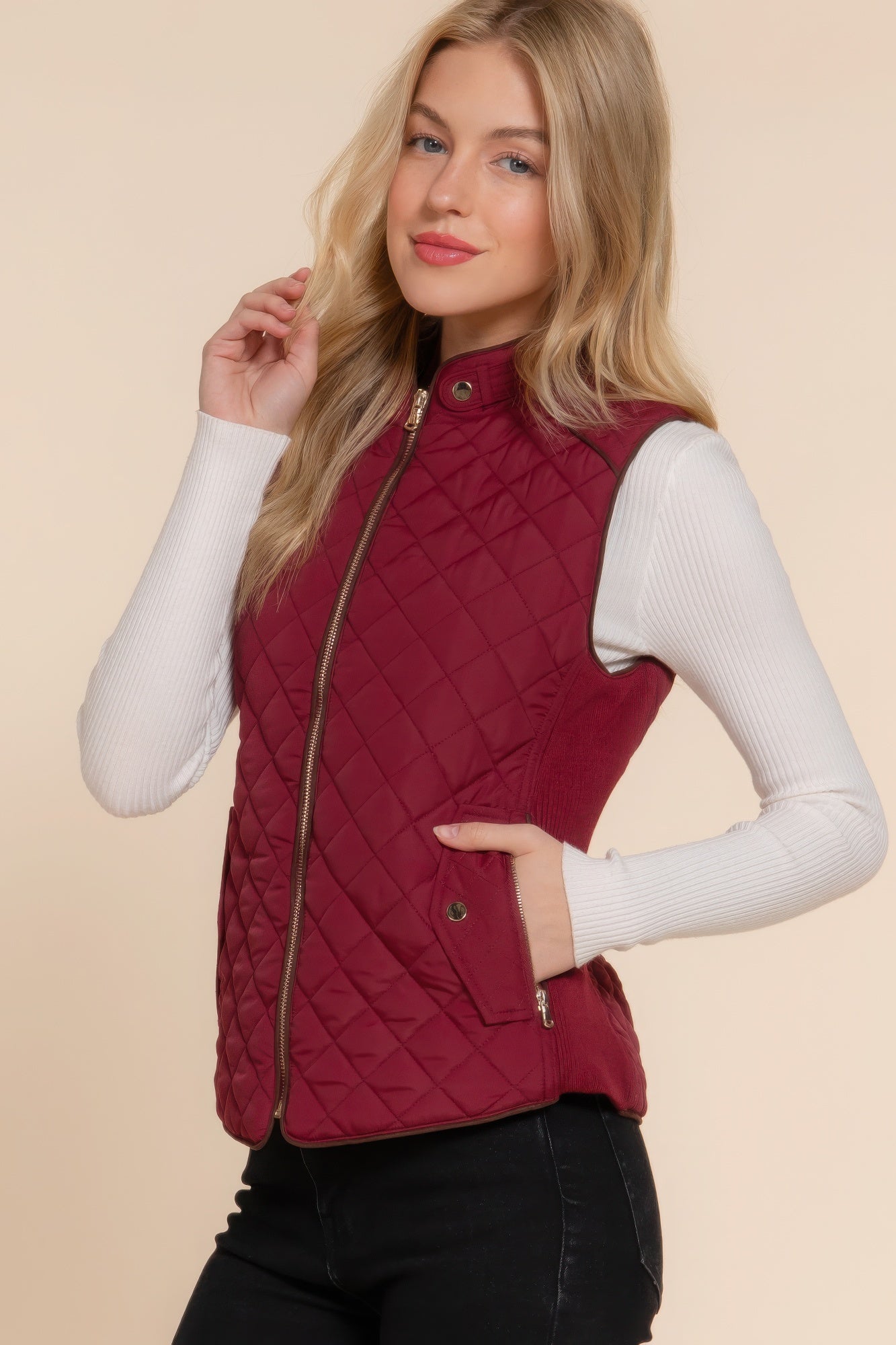 Burgundy Suede Piping Quilted Padding Vest