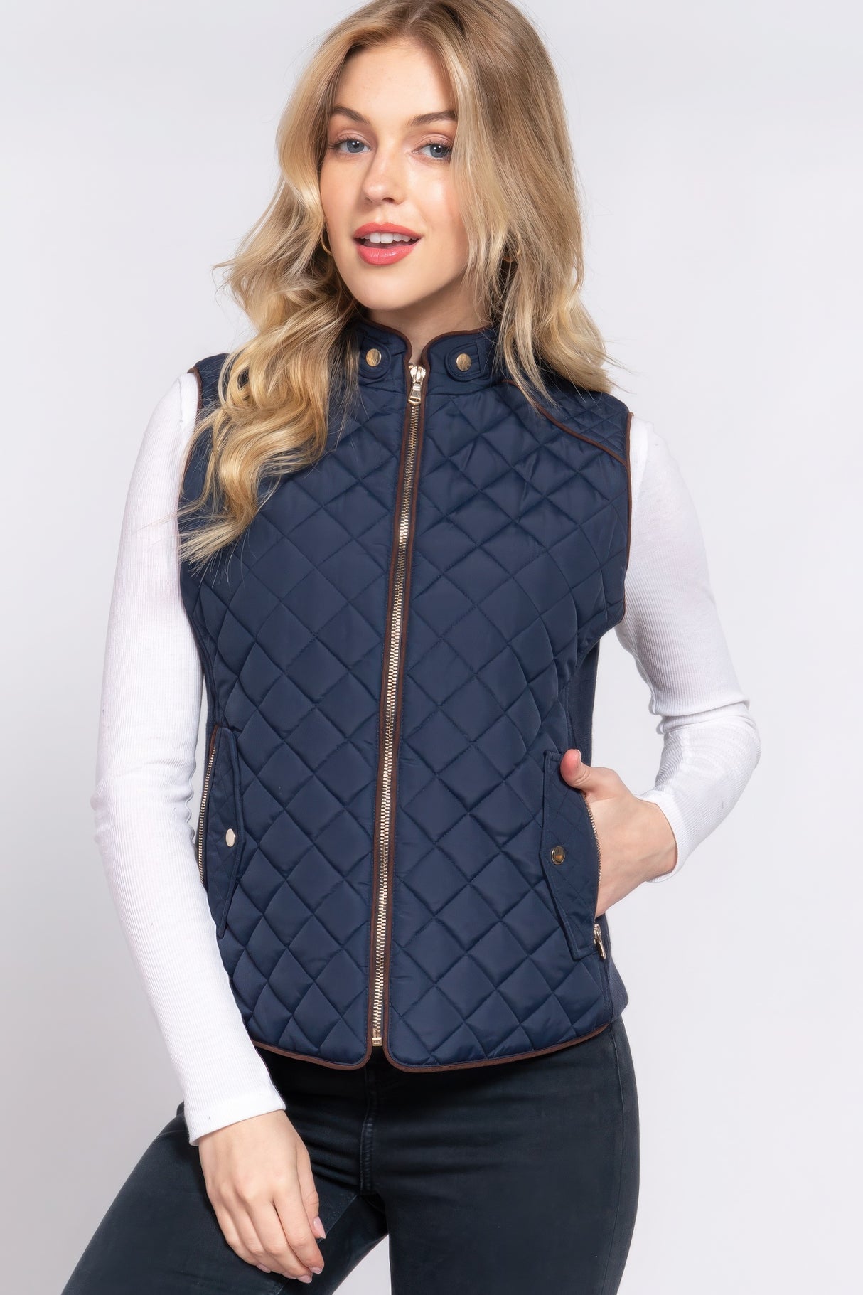 Navy Suede Piping Quilted Padding Vest