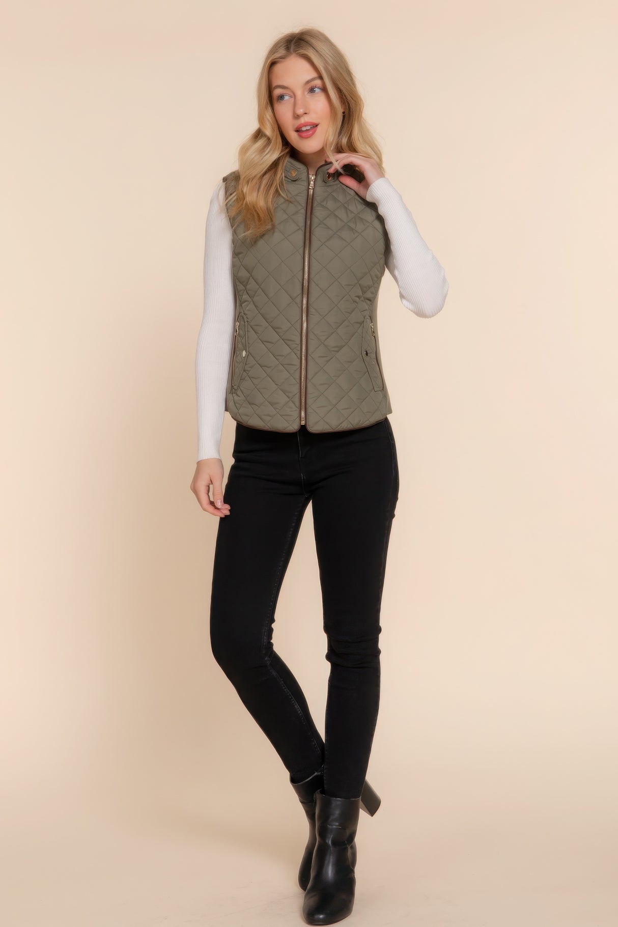 Olive Oil Suede Piping Quilted Padding Vest