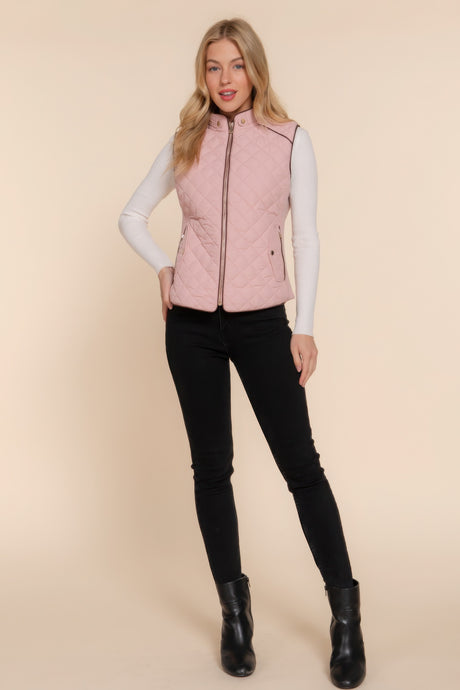 Beige Pink Suede Piping Quilted Padding Vest