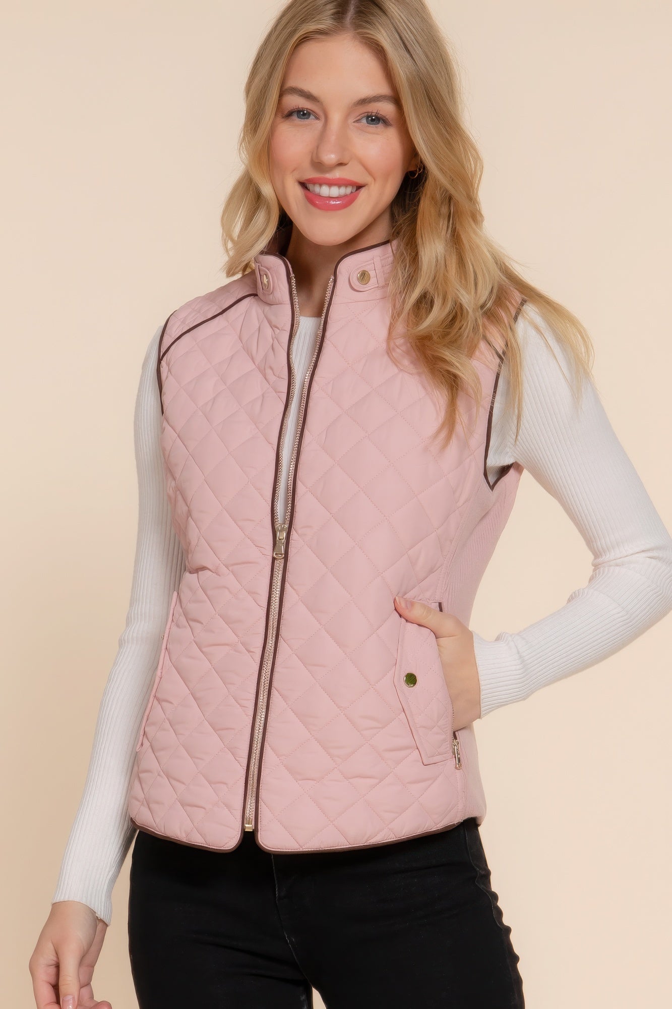 Beige Pink Suede Piping Quilted Padding Vest