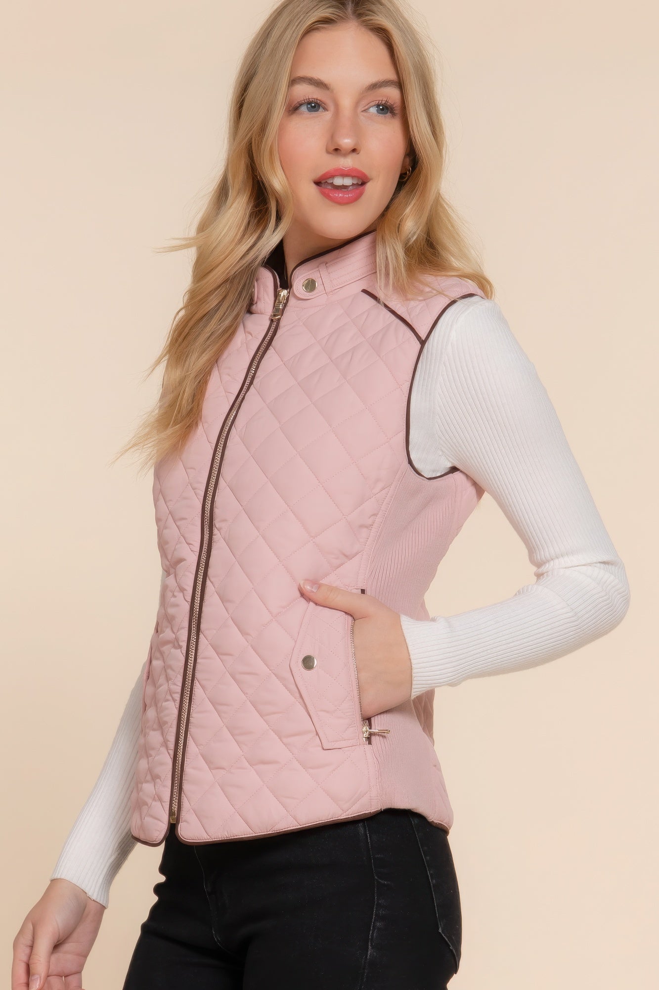 Beige Pink Suede Piping Quilted Padding Vest