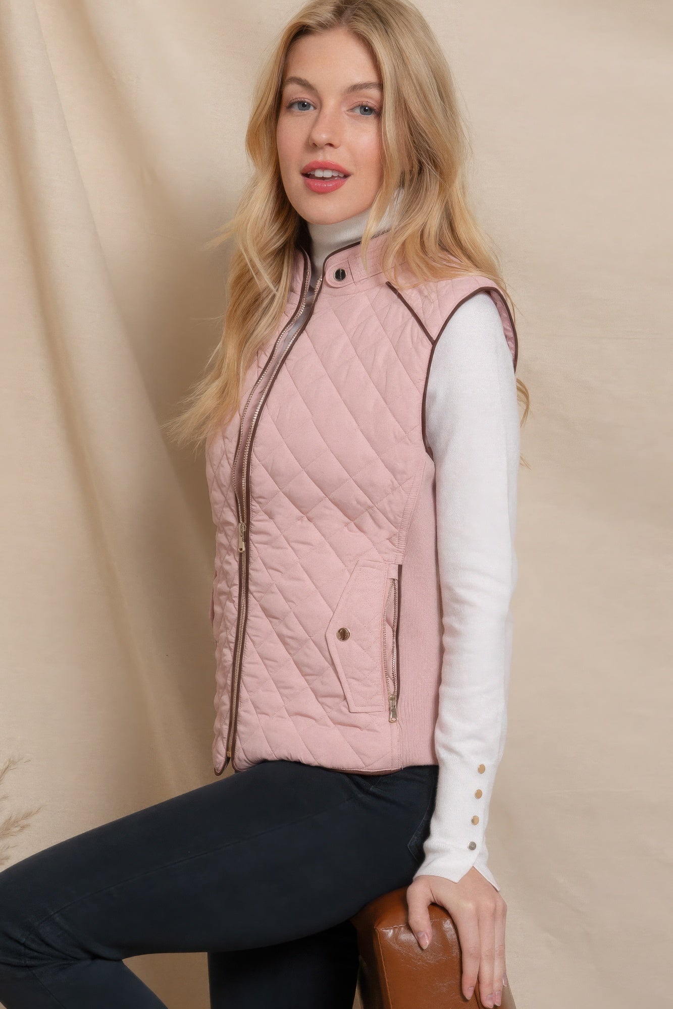 Beige Pink Suede Piping Quilted Padding Vest