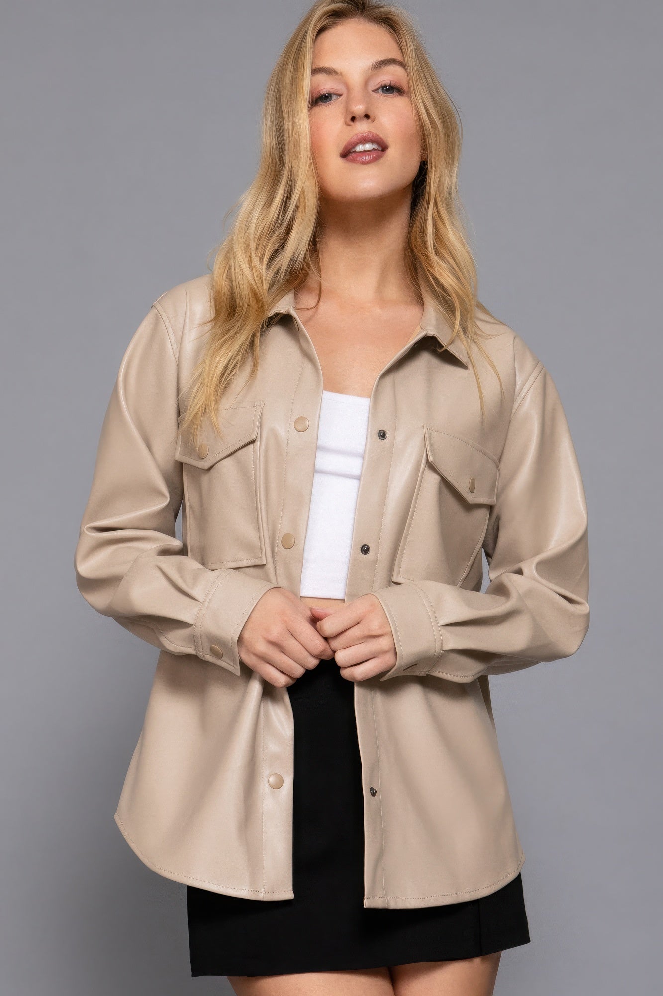 Long Sleeve Faux Leather Shacket