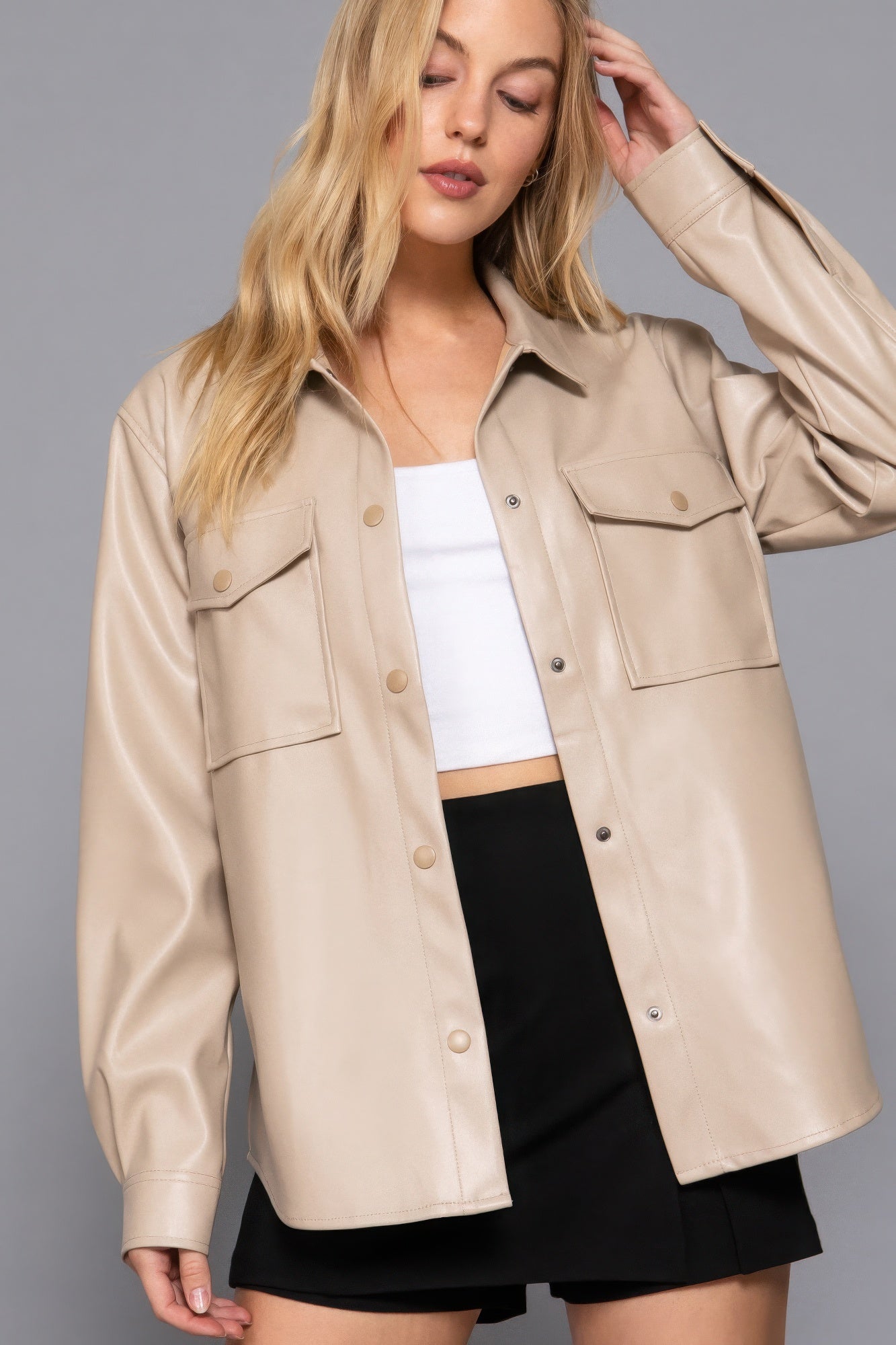 Long Sleeve Faux Leather Shacket