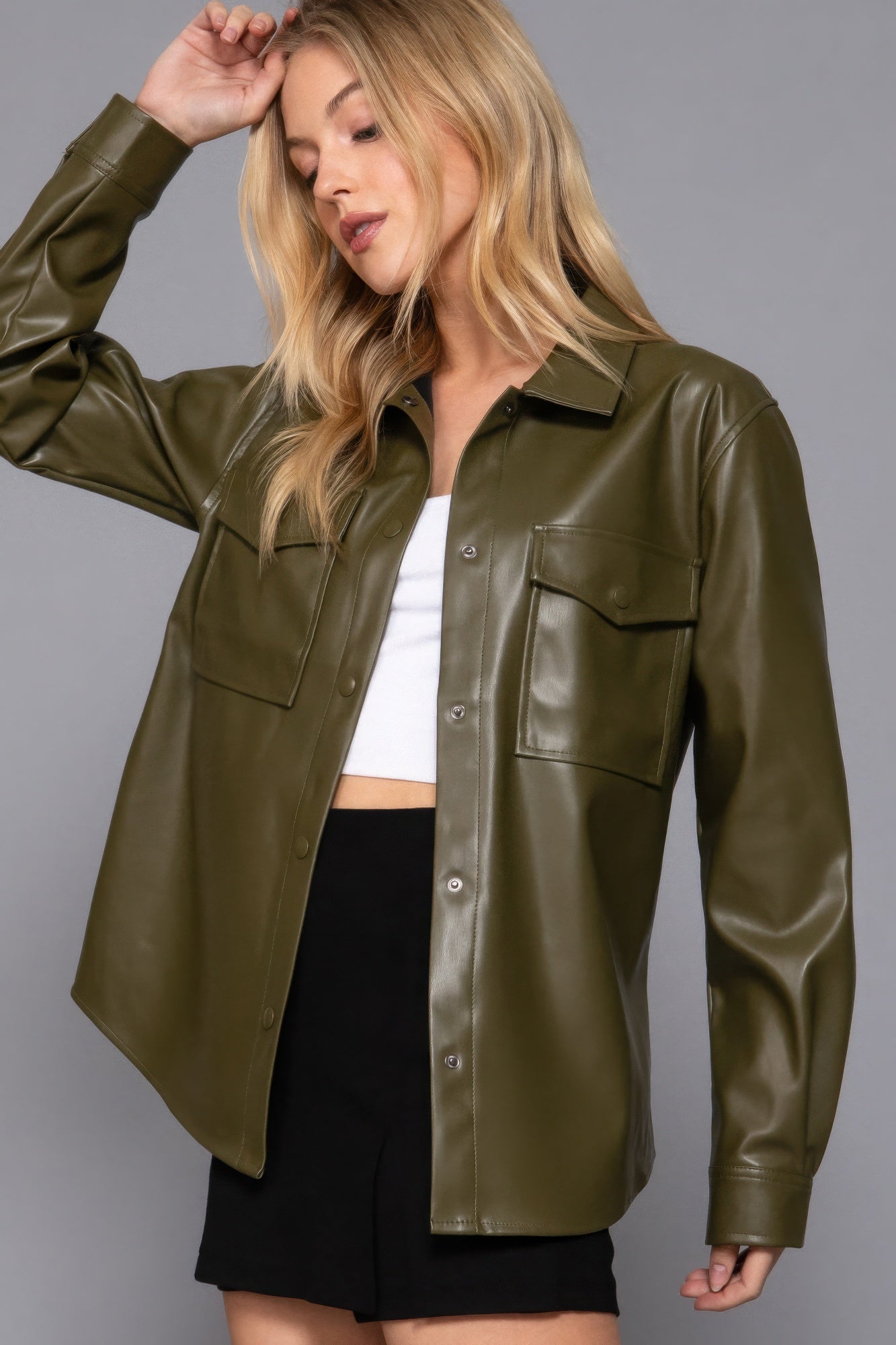 Long Sleeve Faux Leather Shacket