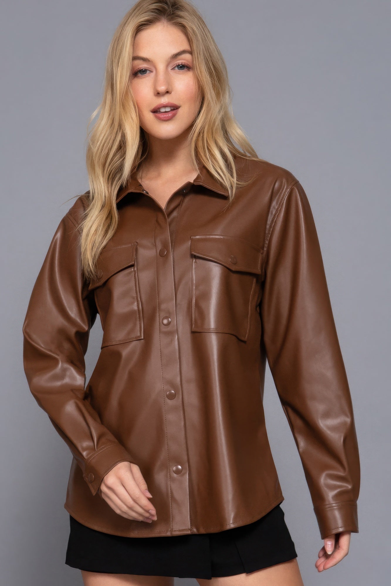 Long Sleeve Faux Leather Shacket