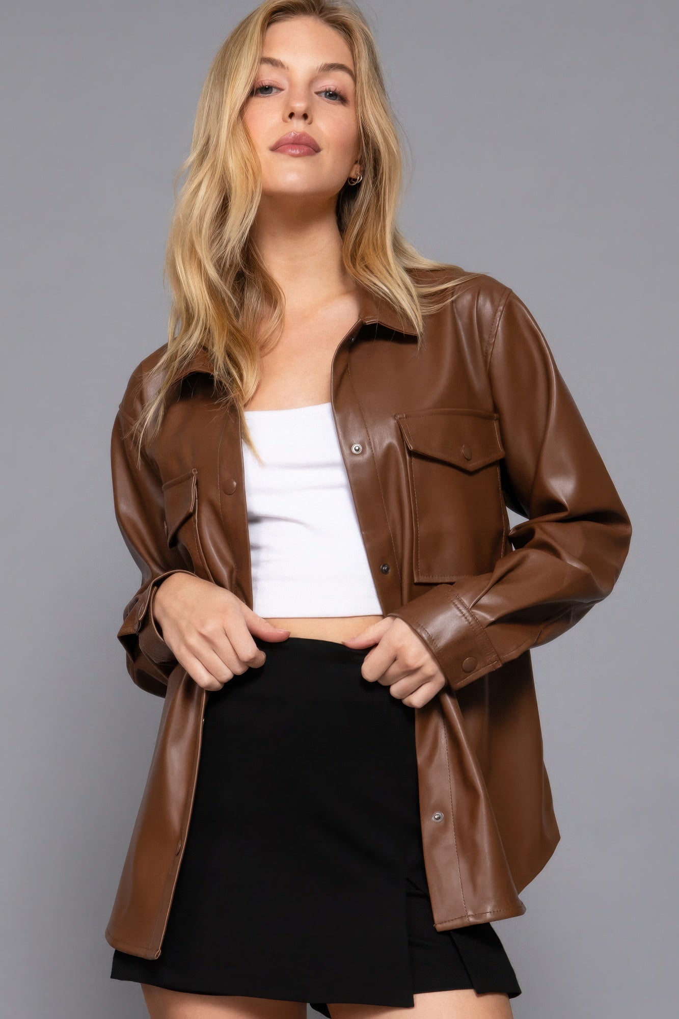 Long Sleeve Faux Leather Shacket