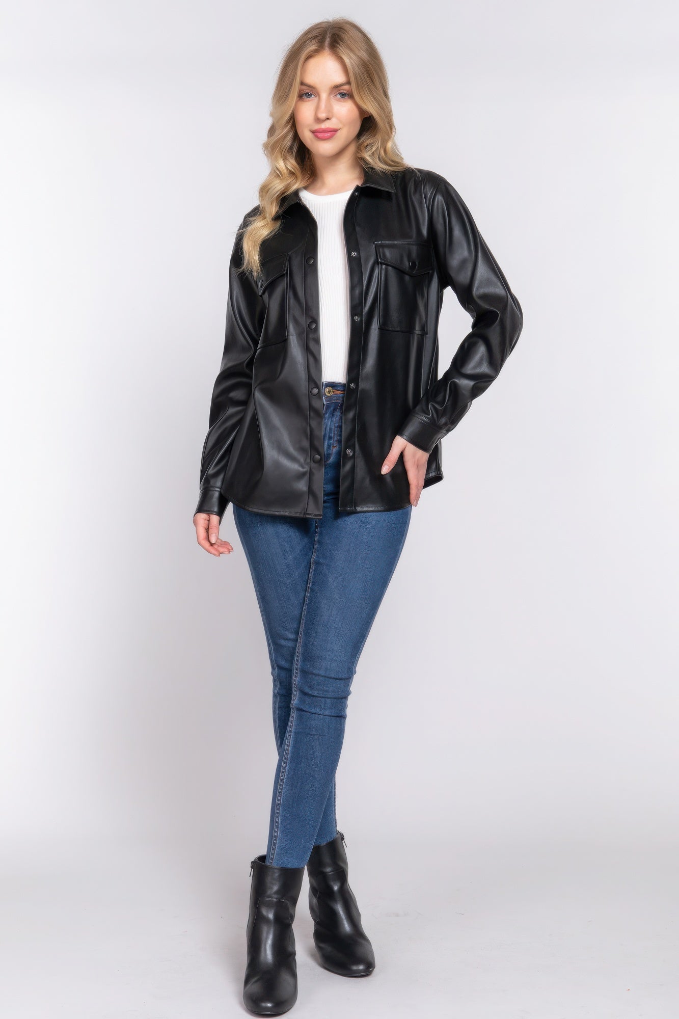 Long Sleeve Faux Leather Shacket