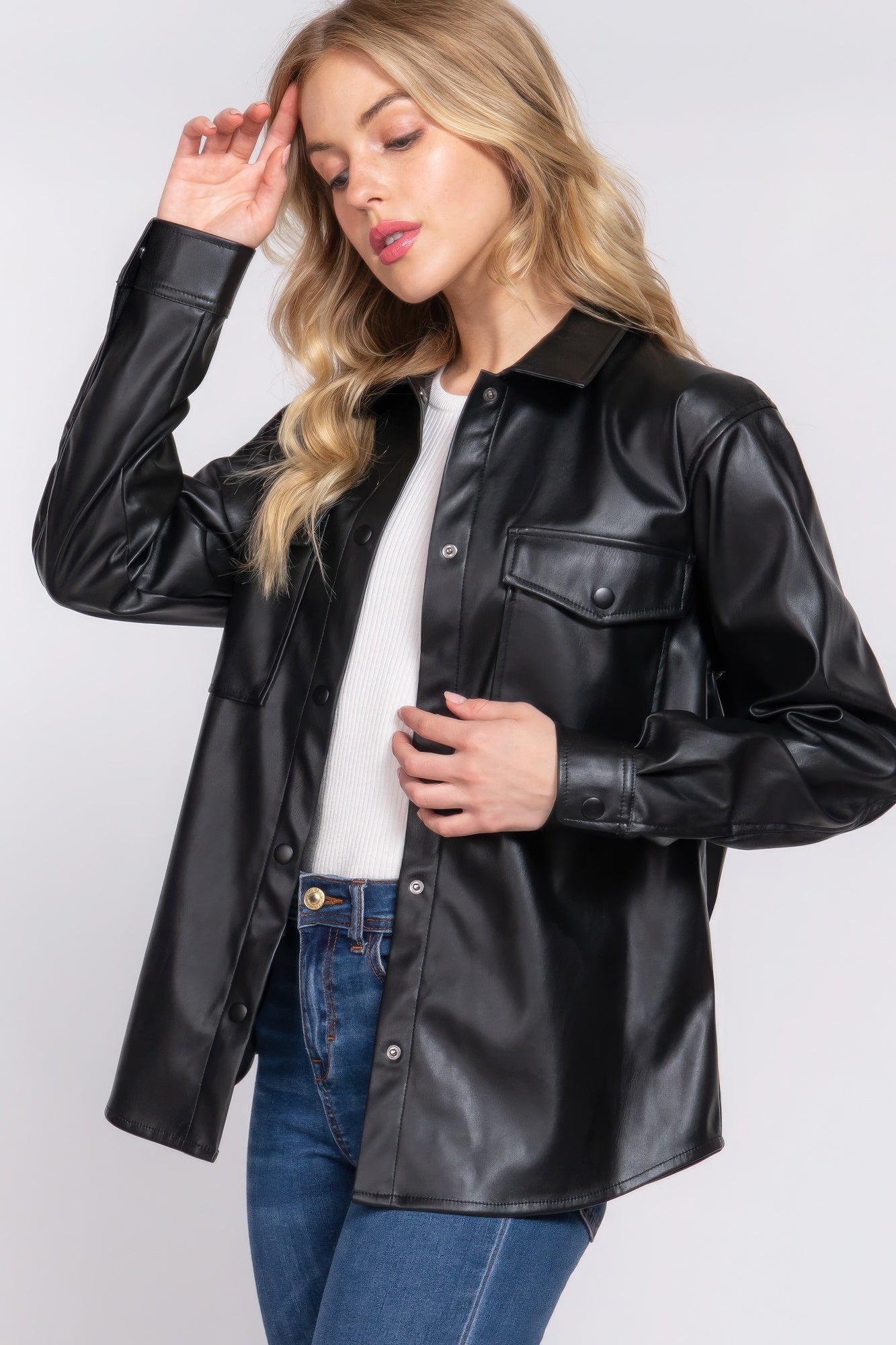 Long Sleeve Faux Leather Shacket