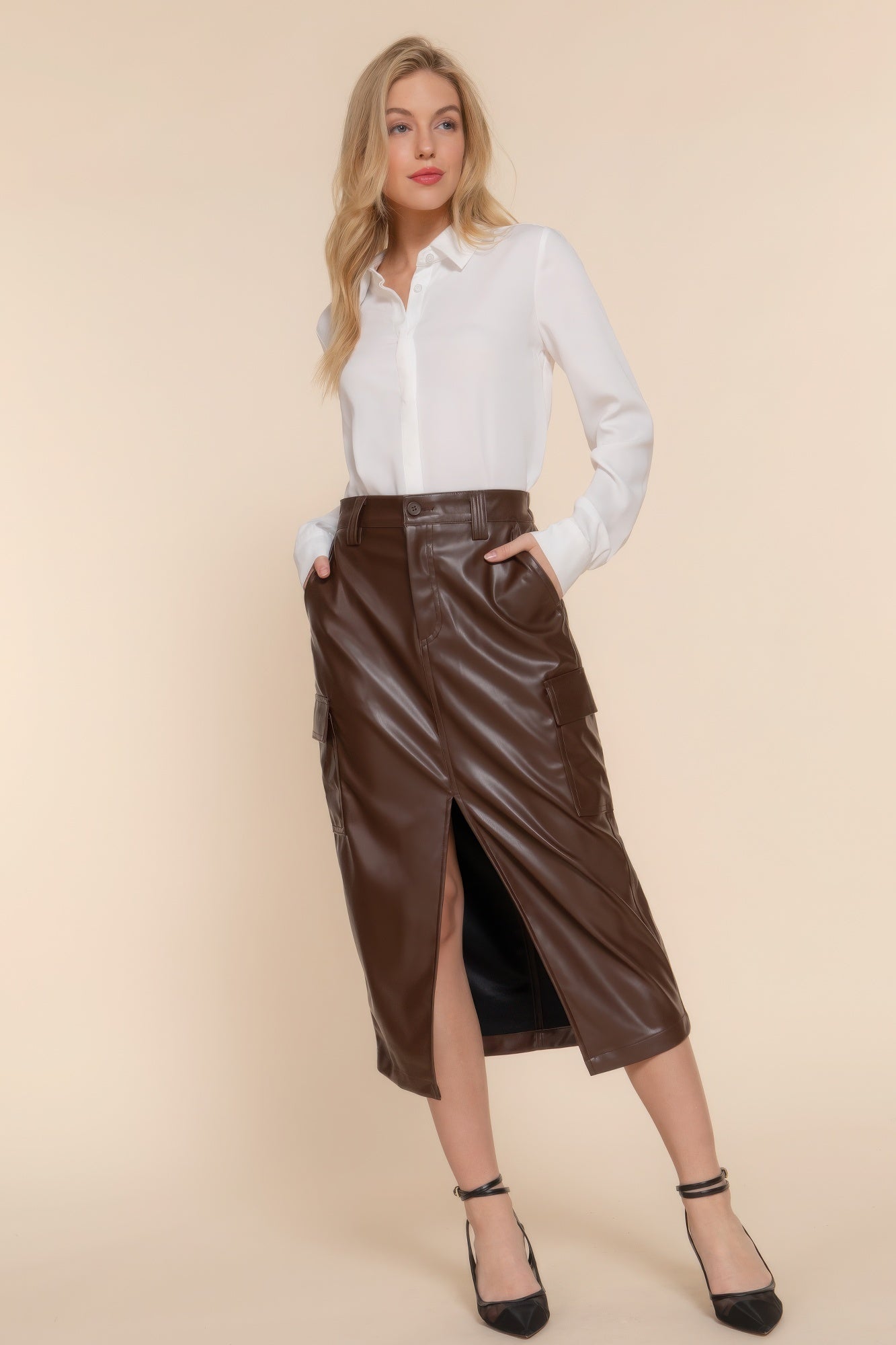 Faux Leather Midi Cargo Skirt