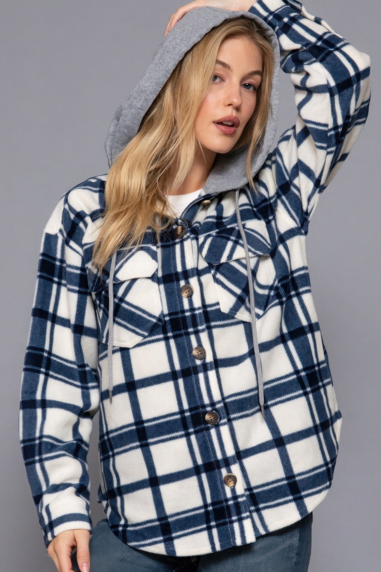 Plaid Print Hoodie Fleece Jacket