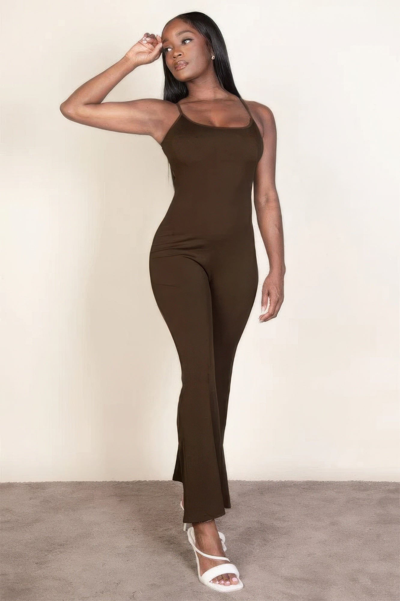 Coffee Ribbed Sleeveless Wide Leg Jumpsuit