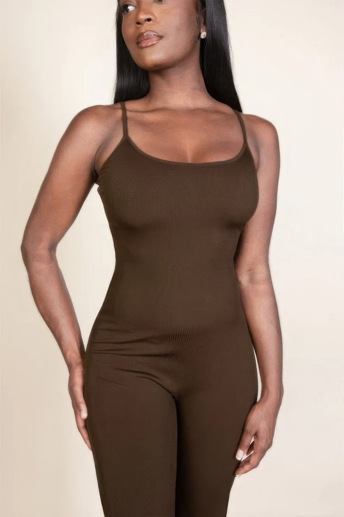 Coffee Ribbed Sleeveless Wide Leg Jumpsuit