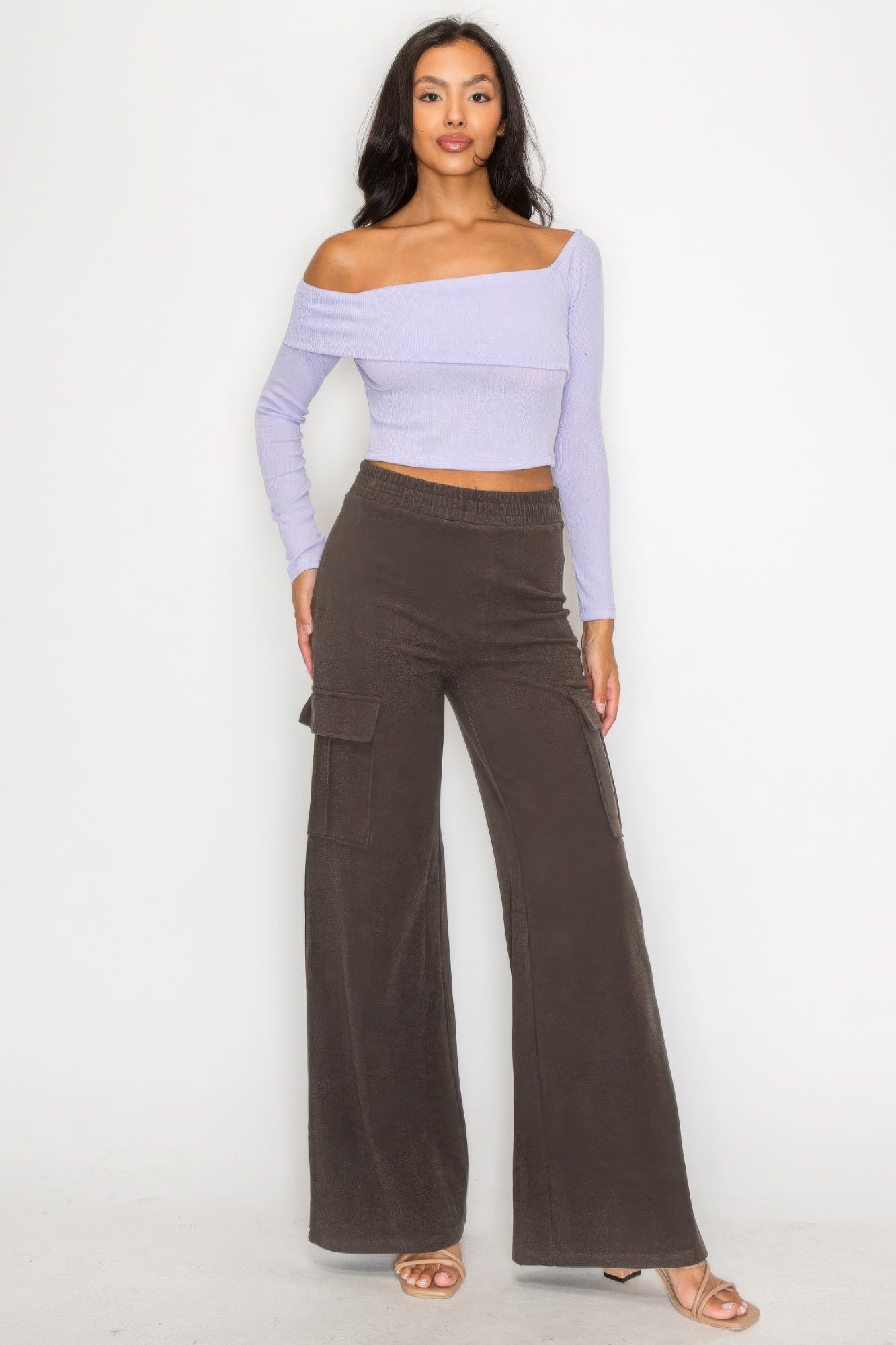 Lilac Bardot Ribbed Long Sleeve Crop Top