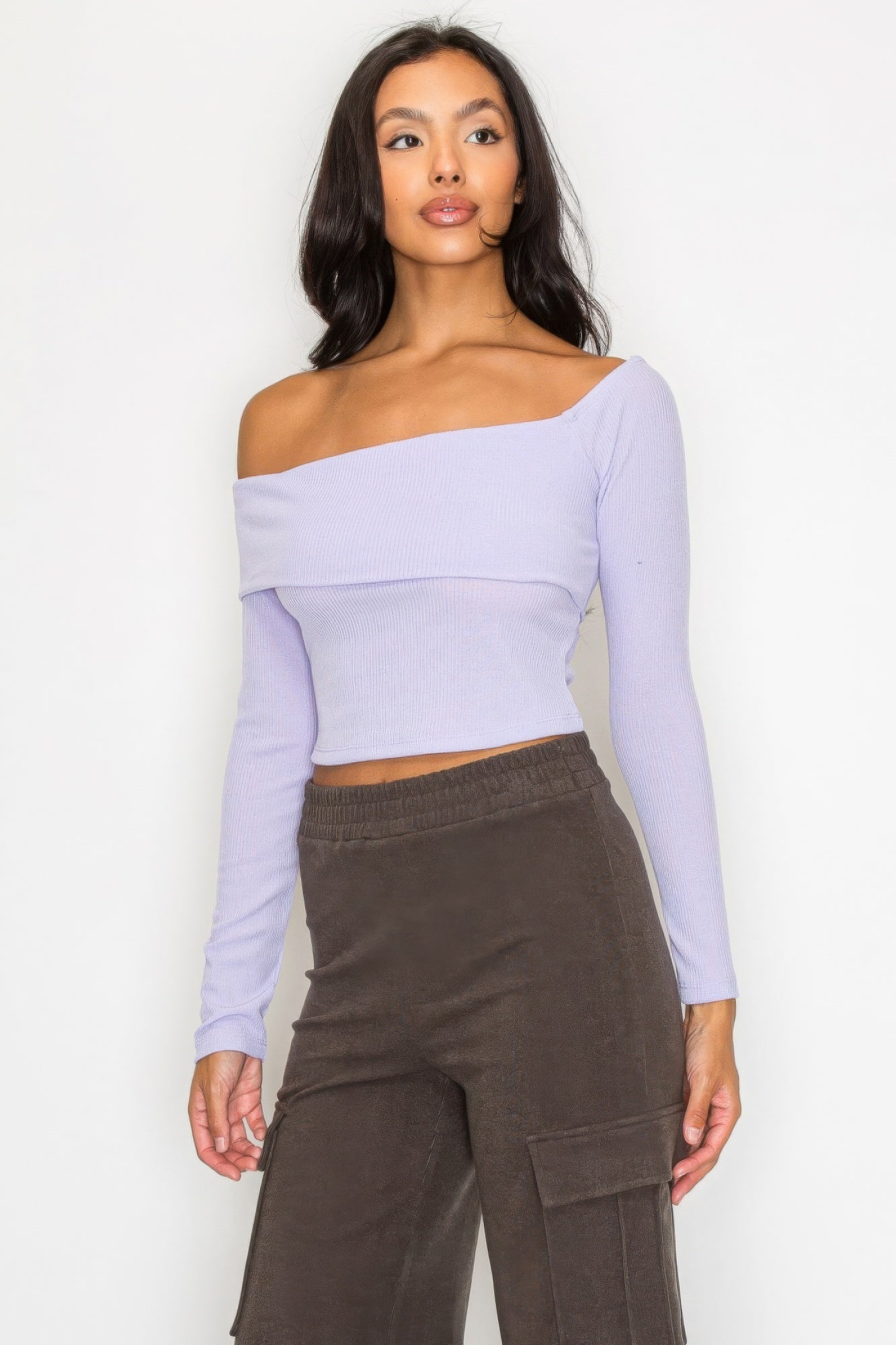 Lilac Bardot Ribbed Long Sleeve Crop Top