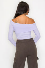 Lilac Bardot Ribbed Long Sleeve Crop Top