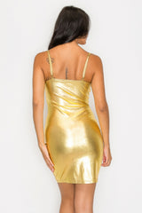 Gold Scoop Neck Foil Mini Dress