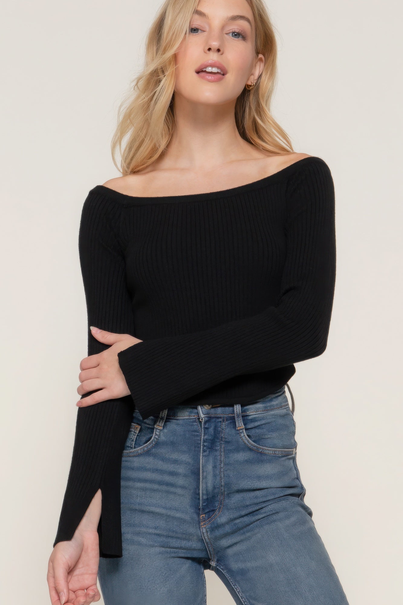 Black Long Flare Sleeve Off Shoulder Sweater