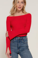 Red Long Flare Sleeve Off Shoulder Sweater