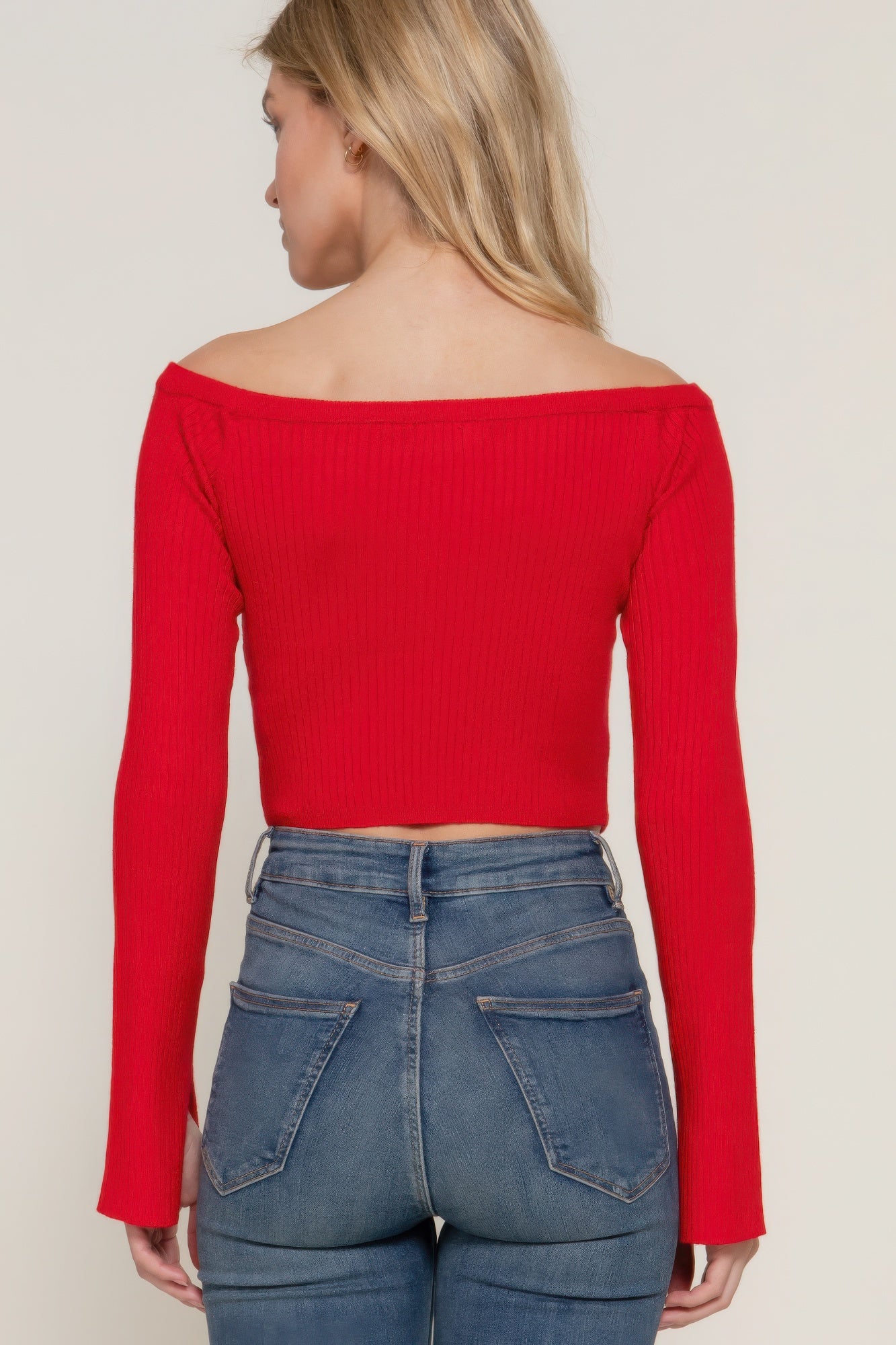 Red Long Flare Sleeve Off Shoulder Sweater